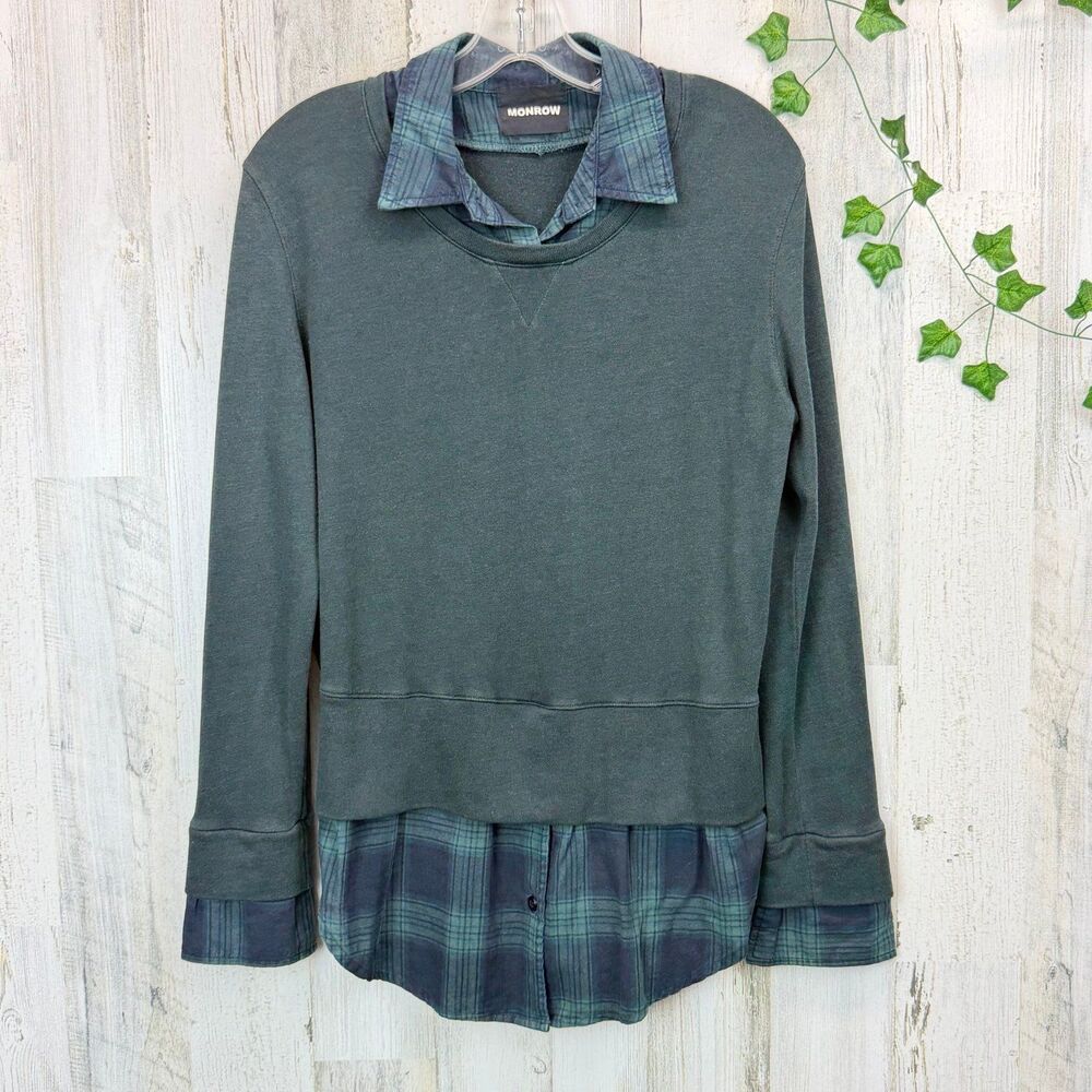 Monrow dark green Mixed Media Plaid Hem Layered Casual Sweatshirt Top small